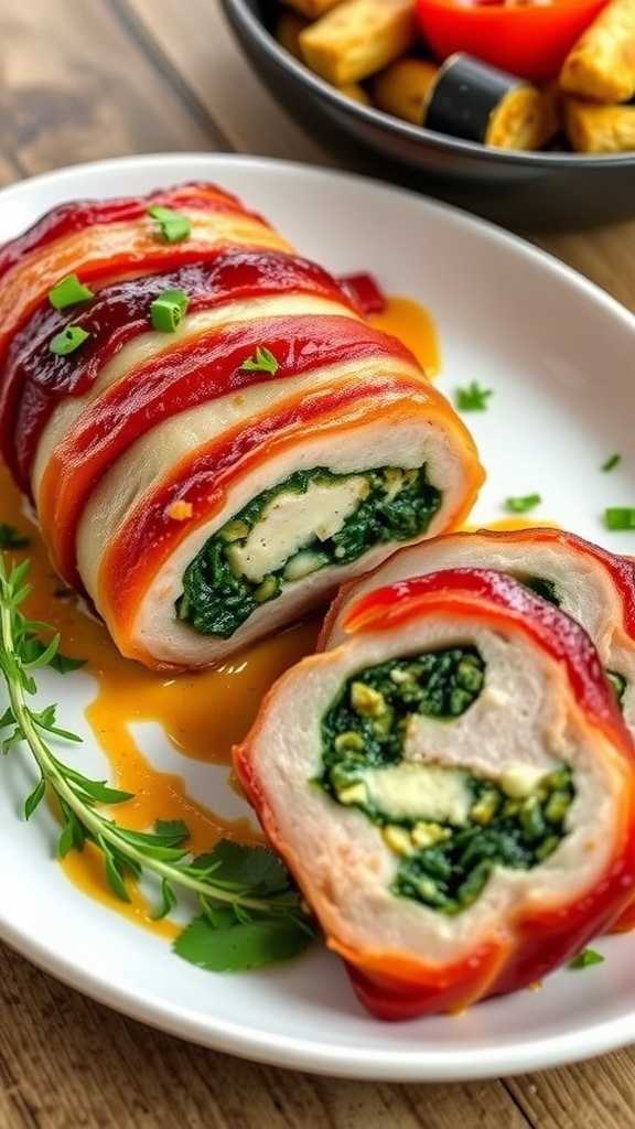 Sliced bacon-wrapped stuffed pork tenderloin with spinach and cheese filling, garnished with herbs on a rustic table.